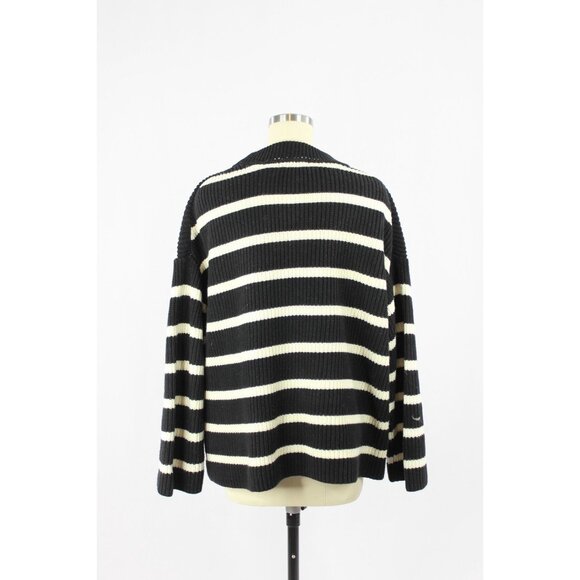 H&M Black Ivory Striped Cotton Chunky Rib Knit Crew Neck Loose Sweater, Size S - Picture 6 of 14